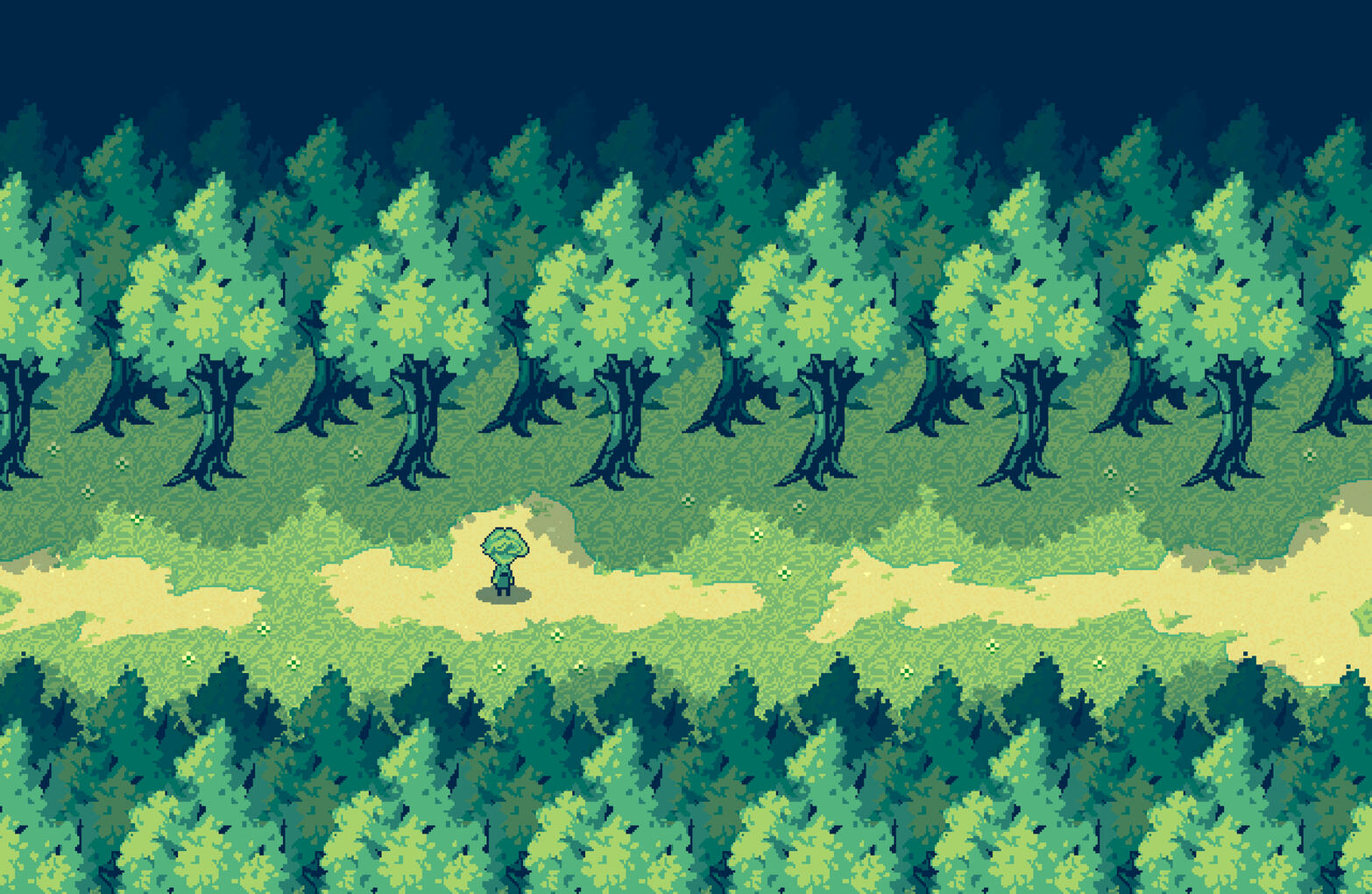 Style exploration, environmental tiles for an outdoor woods scene, using a limited color palette and a 32px grid system.