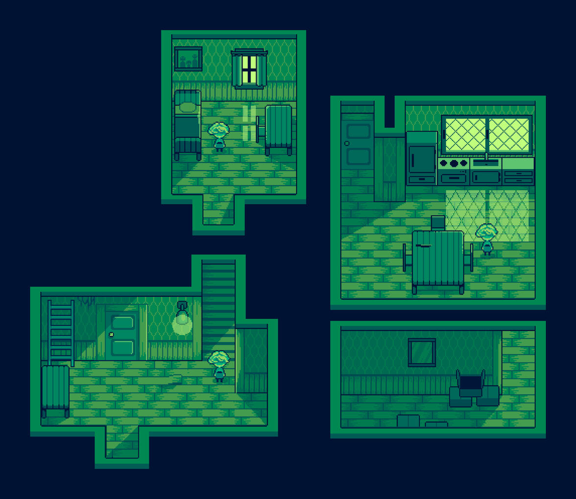 Style exploration, environmental tiles for an indoor woods cabin, using a limited color palette and a 32px grid system.
