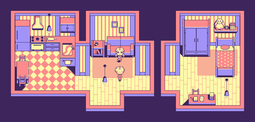 Style exploration, environmental tiles for an indoor apartment, using a limited color palette and a 48px grid system.