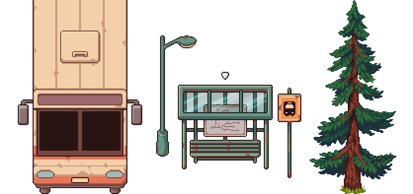 Miscellaneous sprites for an outdoor scene using a 32px grid.