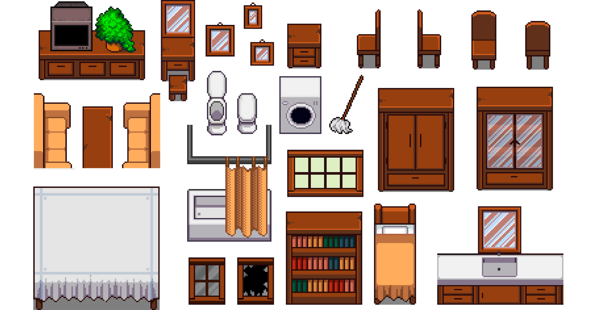 Miscellaneous sprites for an indoor scene using a 32px grid.